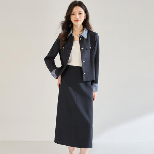 「高货sh」全新升级【铂金会员441/天猫599/差价158】(99408)洛诗琳秋季条纹拼接小西服外套高腰直筒半身裙两件套女 商品图2
