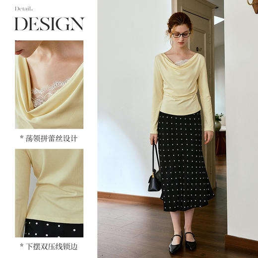 OLrain欧芮儿黄色荡领法式T恤女秋季2025新款辣妹修身显瘦打底衫 商品图1