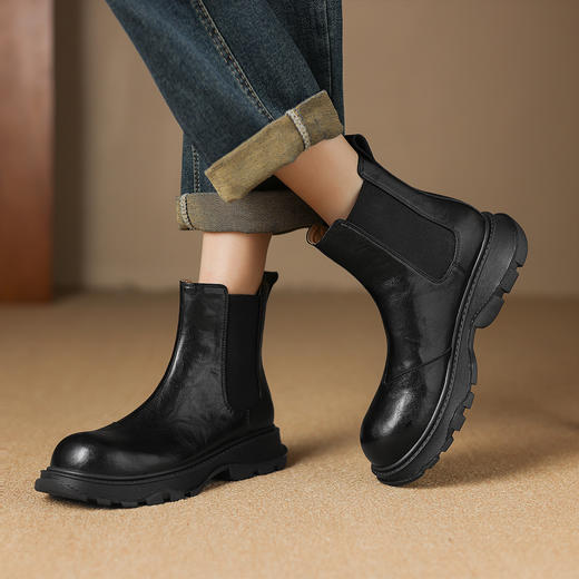 阿么手工女鞋复古短筒切尔西靴2025新款真皮透气百搭时尚短靴3CM 商品图1