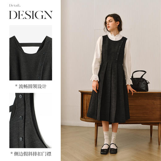 OLrain欧芮儿2025新款女秋季通勤圆领斜扣百褶无袖背心叠穿连衣裙 商品图1