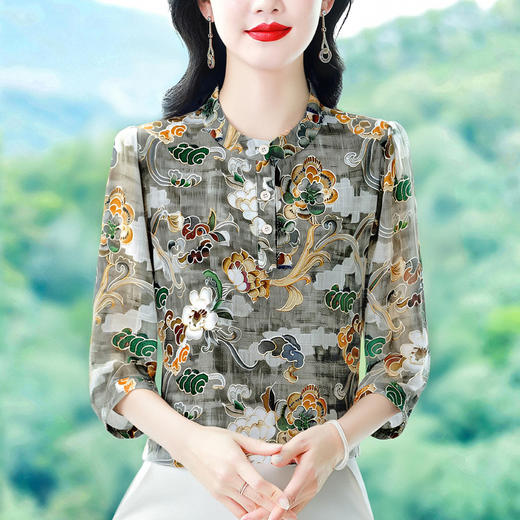 KQL B41N6585气质国风印花衬衫优雅宽松显瘦透气小衫 商品图3