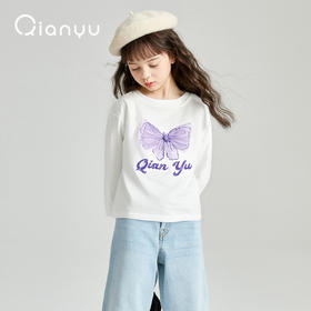 笛莎千与2025秋季新款女童甜美印花网纱蝴蝶结长袖T恤