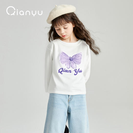 笛莎千与2025秋季新款女童甜美印花网纱蝴蝶结长袖T恤 商品图0