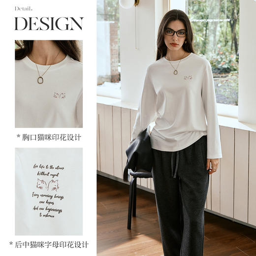 OLrain欧芮儿休闲趣味猫咪印花圆领长袖T恤女秋季2025年新款上衣 商品图0