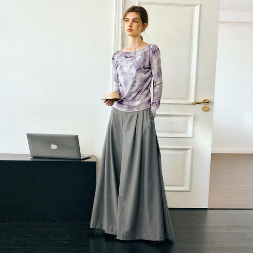 OLrain欧芮儿法式慵懒晕染紫色一字领T恤女秋季2025新款长袖上衣 商品图2