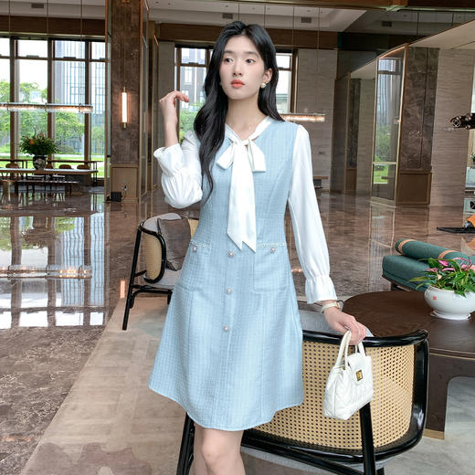 奢姿大码女装2025秋季减龄蝴蝶结V领连衣裙胖妹妹小香风拼接裙子9953853577 商品图4