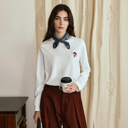 OLrain欧芮儿法式刺绣宽松长袖T恤女秋季2025新款休闲针织上衣 商品图3
