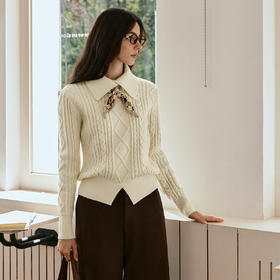 OLrain欧芮儿白色翻领绞花毛织套头衫秋季2025新款日系慵懒风毛衣