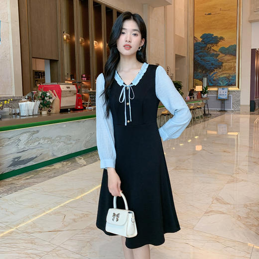奢姿大码女装2025秋季减龄V领拼接连衣裙胖妹妹蝴蝶结时尚裙子9953869881 商品图4
