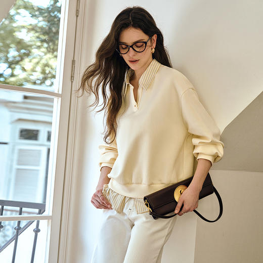 OLrain欧芮儿休闲黄色假两件衬衫领宽松套头卫衣女秋季2025年新款 商品图0