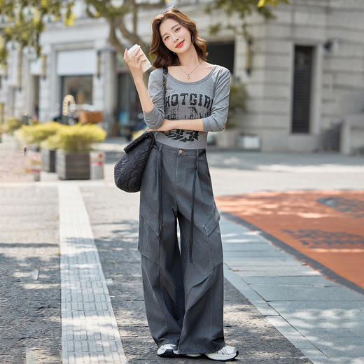 HR YJLY8601韩系时尚休闲套装字母印花长袖T工装阔腿裤两件套 商品图1