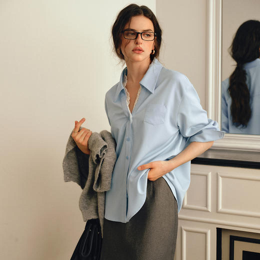 OLrain欧芮儿2025新款女秋季法式蓝色拼接蕾丝花边衬衫长袖衬衣 商品图2