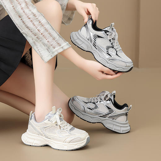 ZHR男女同款老爹鞋夏季情侣款2025厚底网面透气增高轻便软小白鞋 商品图0