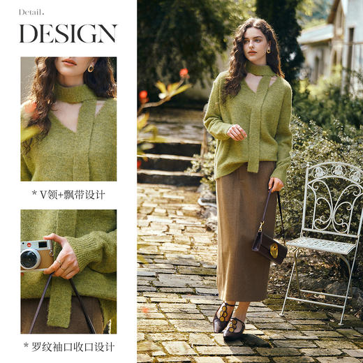 OLrain欧芮儿法式慵懒感V领飘带宽松毛衣女秋季2025新款羊毛上衣 商品图1