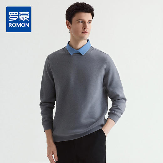 【含绵羊毛】罗蒙男士秋冬圆领假两件针织衫休闲通勤男加绒保暖针织毛衣 商品图0