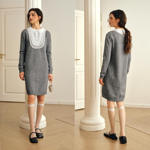 OLrain欧芮儿2025新款女秋季灰色法式蕾丝花边拼接直筒毛织连衣裙 商品图3