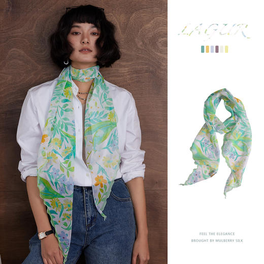 「轻描清新绿」 联名花卉组~100%桑蚕丝丝巾长条细窄乔其纱腰带女 商品图1