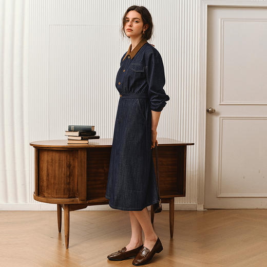 OLrain欧芮儿2025新款女秋季法式撞色翻领收腰仿牛仔连衣裙衬衫裙 商品图0