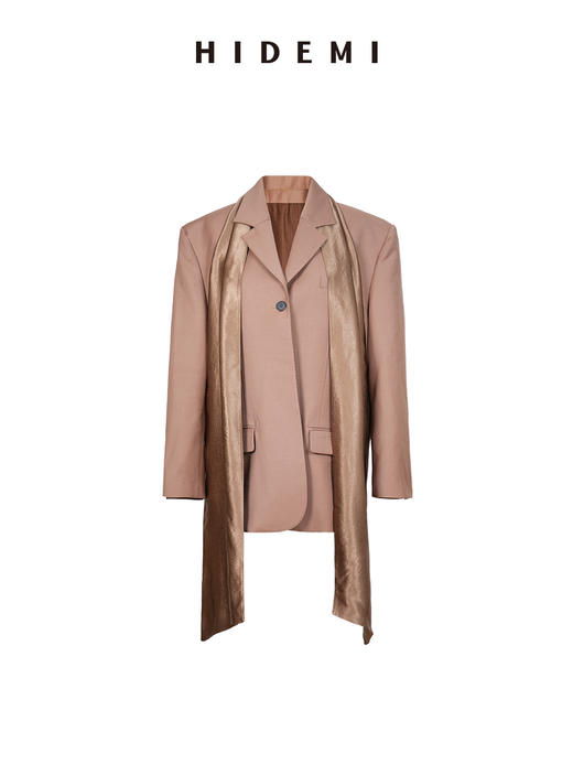 HIDEMI 进口极细精纺羊毛定染高级豆沙裸灰粉色纯醋酸丝巾多穿式廓形西装外套 商品图7