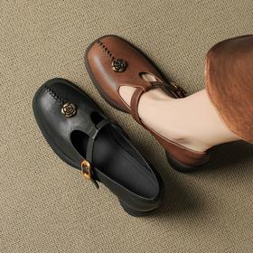 OLD 1309复古风真皮圆头厚底粗跟单鞋时尚山茶花玛丽珍鞋