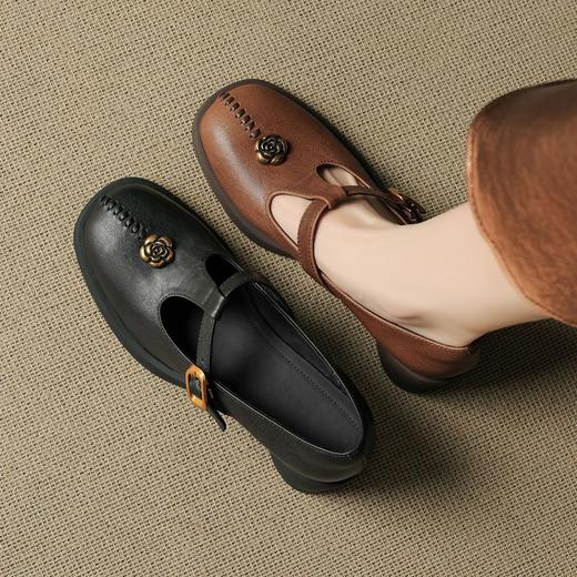 OLD 1309复古风真皮圆头厚底粗跟单鞋时尚山茶花玛丽珍鞋 商品图0