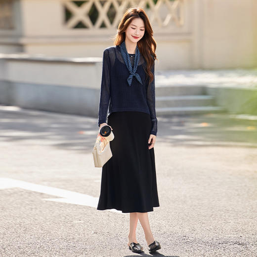 HR ABS25132通勤风连衣裙衬衫马甲中长款裙两件套 配围巾 商品图3