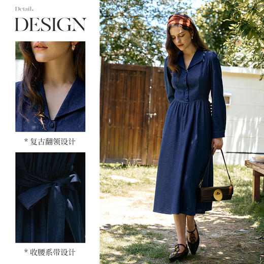 OLrain欧芮儿2025新款女秋季法式蓝色复古收腰系带翻领牛仔连衣裙 商品图1