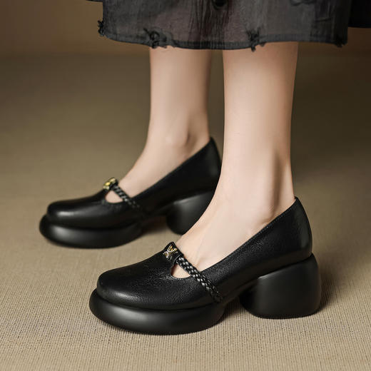 OLD 1305浅口厚底小皮鞋真皮粗跟乐福鞋 商品图3