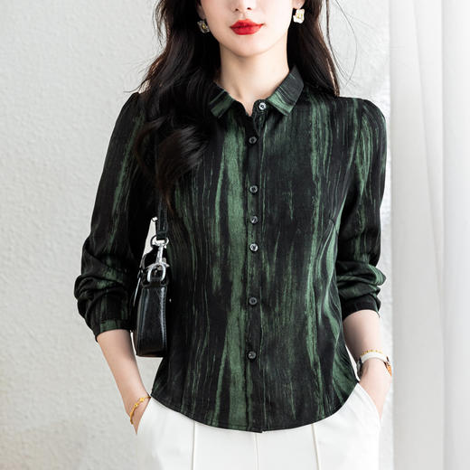 绿9973富贵条翻领长袖衬衫女2025秋新款修身显瘦百搭别致时尚上衣 商品图1