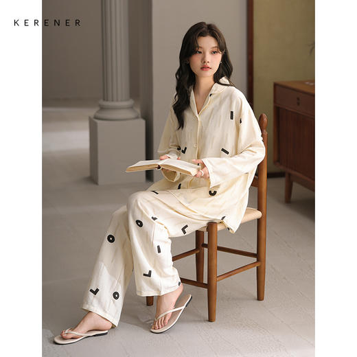 可人儿春秋季带bra泡泡绵女士长袖长裤睡衣可外出小众家居服套装 商品图3