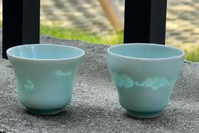 龙泉青瓷薄胎杯 天青釉色 福禄双全/余香 支持刻字