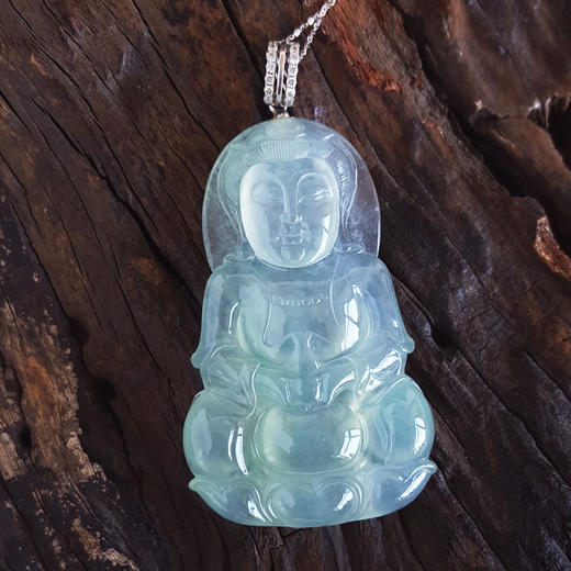 【天然正品】A货翡翠AU750收藏级白金镶钻镶天然细腻高冰种观音坐莲（平安安乐）翡翠吊坠项链68.9*35.4*8.2MM（皆取最大值）女士现售价：29800！300725NJM30 商品图3