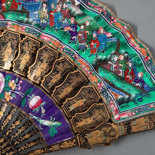 独角鹿西洋古董1850年代中国广东十三行出品人物纹黑漆描金竹扇骨装饰花鸟官邸主题纸本彩绘双扇面折扇 商品图2