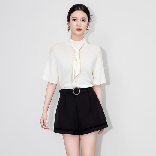 「高货wl」全新升级【铂金会员293/天猫399/差价106】(02455)洛诗琳美丽诺羊毛针织衫2025秋季气质压褶围巾针织短袖 商品图2