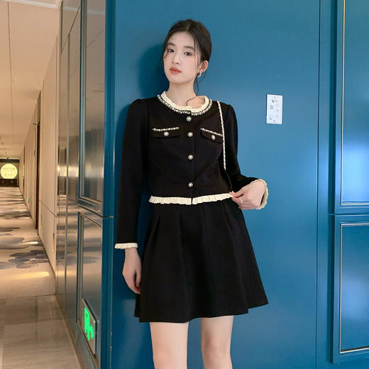 奢姿大码女装2025秋装胖妹妹优雅短裙套装木耳边圆领小香风两件套9953990645 商品图1