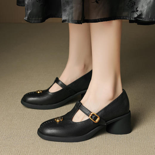 OLD 1309复古风真皮圆头厚底粗跟单鞋时尚山茶花玛丽珍鞋 商品图3