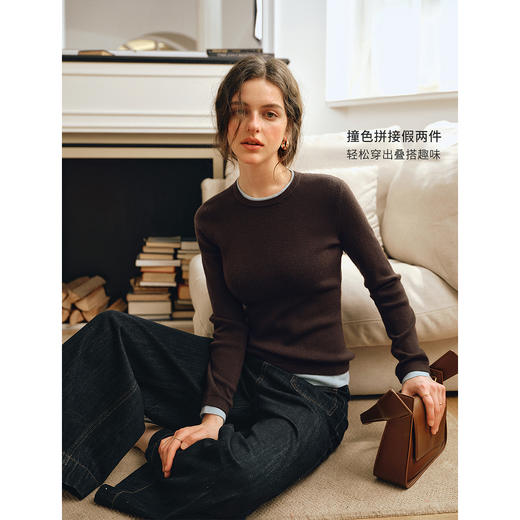 OLrain欧芮儿2025新款女秋季圆领拼接假两件毛针织套头衫长袖上衣 商品图0
