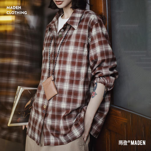 马登美拉德棕咖色系磨毛格子纹长袖衬衫宽松衬衣外套上衣女士秋季 商品图0