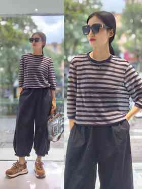 54C321时尚休闲经典条纹两件套套装