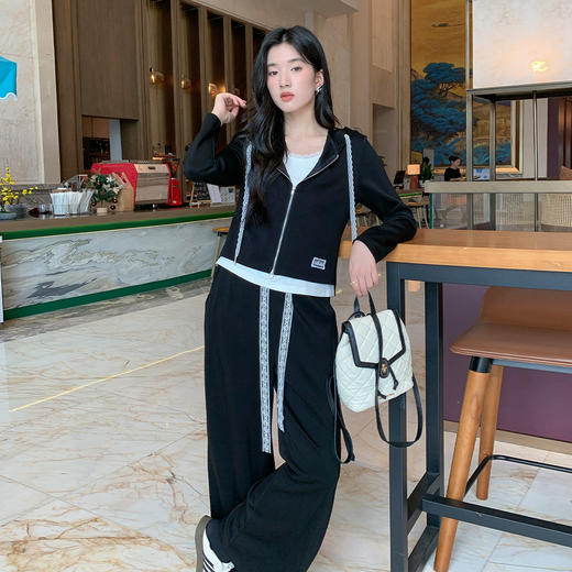 奢姿大码女装2025秋季减龄花边抽绳连帽时尚两件套胖妹妹休闲套装9953969886 商品图1