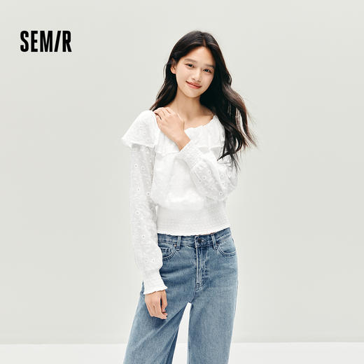 森马长袖衬衫女短款白色绣花浪漫秋2025新款荷叶边一字肩衬衣温柔 商品图1