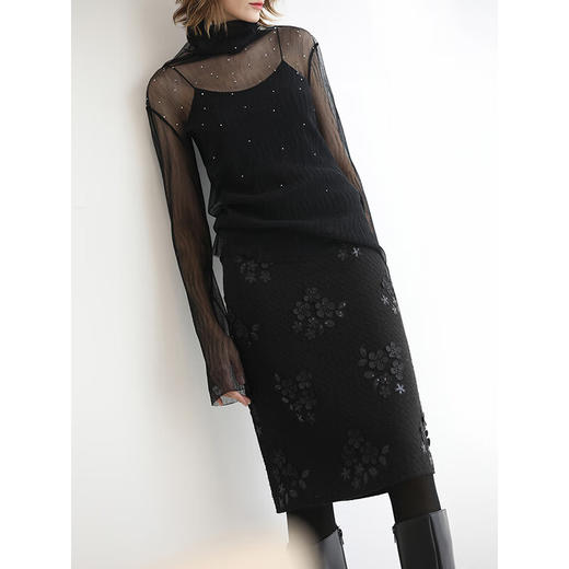 COCOBELLA亮片立体花刺绣新款半身裙冬小个子时尚毛呢裙HS616 商品图3