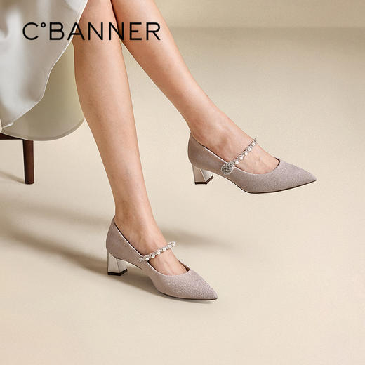 千百度羊皮粗高跟鞋女珍珠带玛丽珍鞋浅口法式单鞋A25485667 商品图0