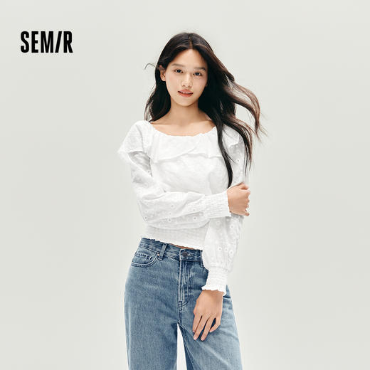 森马长袖衬衫女短款白色绣花浪漫秋2025新款荷叶边一字肩衬衣温柔 商品图0