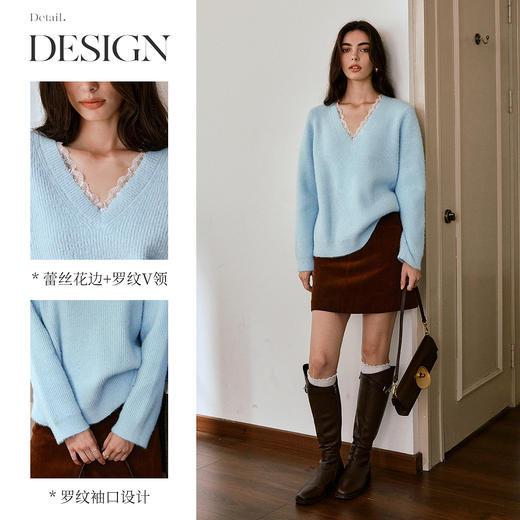 OLrain欧芮儿V领蕾丝花边宽松毛织套头衫秋季2025新款法式上衣 商品图1