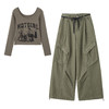 HR YJLY8601韩系时尚休闲套装字母印花长袖T工装阔腿裤两件套 商品缩略图4
