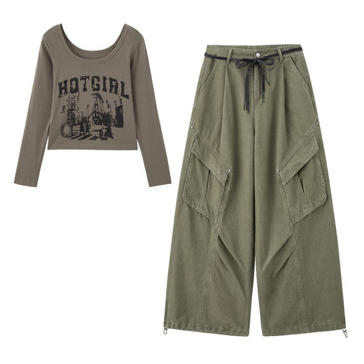 HR YJLY8601韩系时尚休闲套装字母印花长袖T工装阔腿裤两件套 商品图4