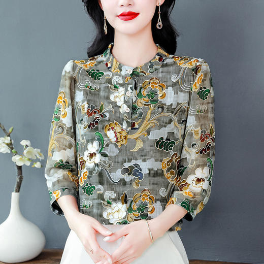 KQL B41N6585气质国风印花衬衫优雅宽松显瘦透气小衫 商品图2