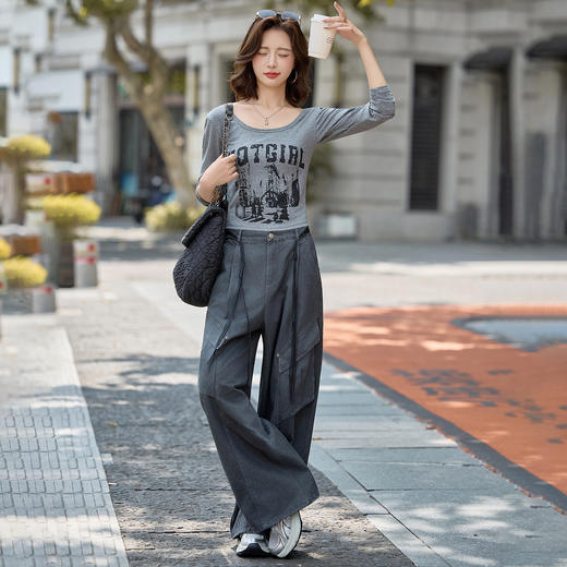 HR YJLY8601韩系时尚休闲套装字母印花长袖T工装阔腿裤两件套 商品图3