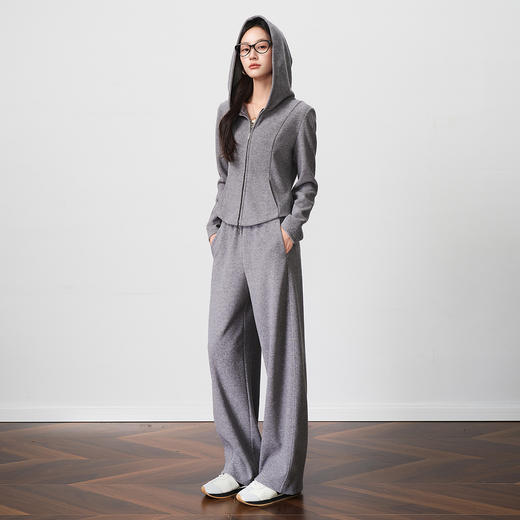 OLrain欧芮儿2025新款女秋季休闲灰慵懒连帽针织开衫裤子两件套装 商品图3